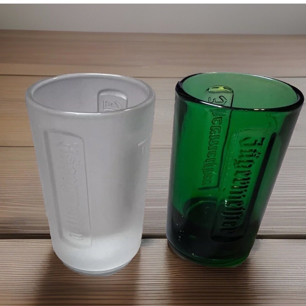 Jagermeister Shot Glass Set Frosted‎ White and Emerald Green Embossed Logo 2pc